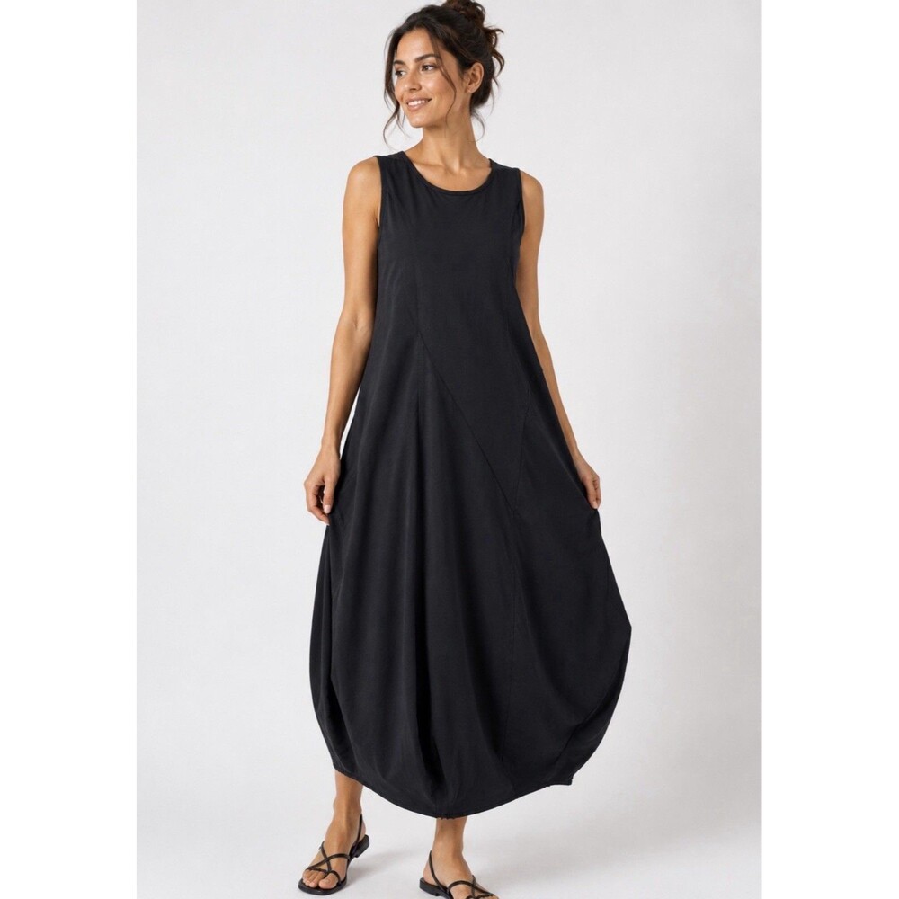 Peruvian connection crew neck sleeveless midi dress sz m coccon Balloom Hem